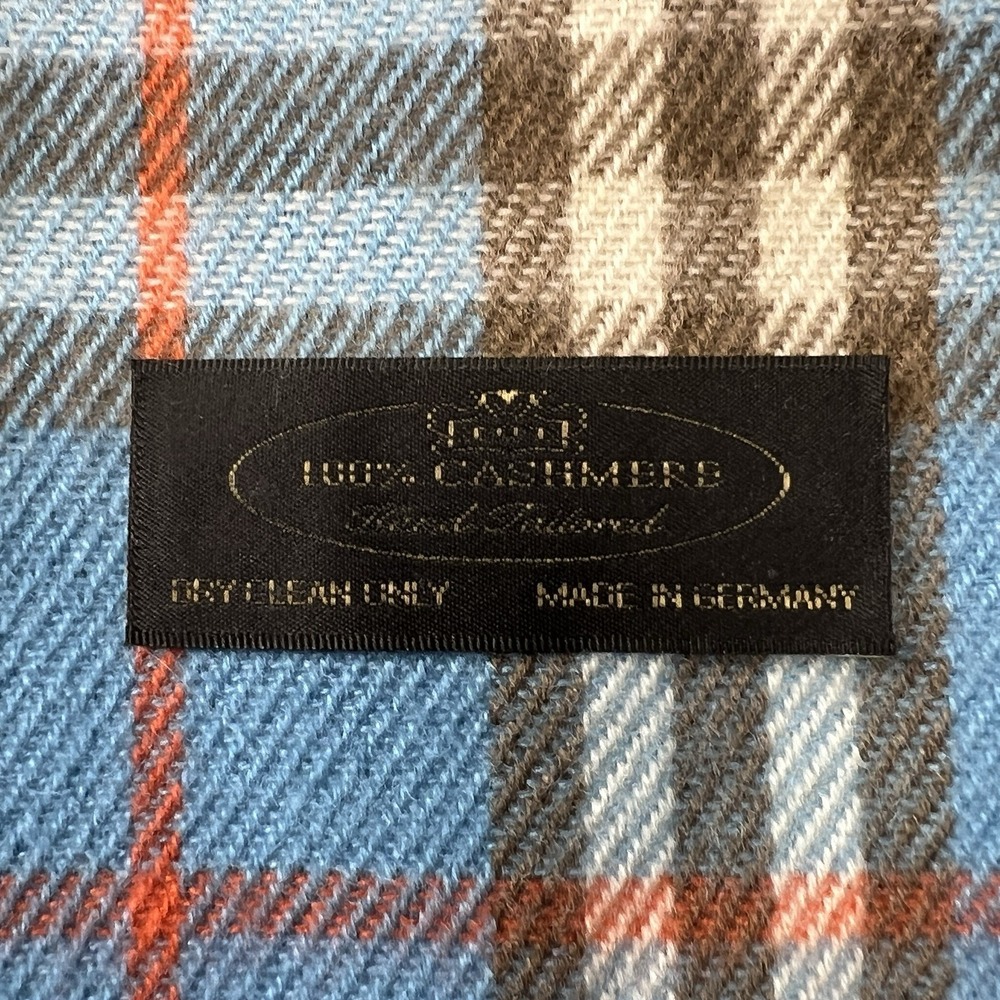 Hand Tailored 100% Cashmere Fringe Scarf Tartan Blue/ Brown / Orange Germany VTG - Picture 4 of 8